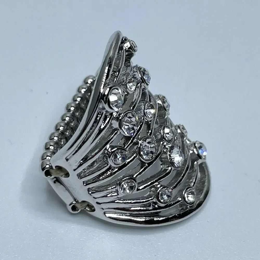 Stunning Silver Tone White Rhinestone Wide Stretch Band Ring Statement Fashion